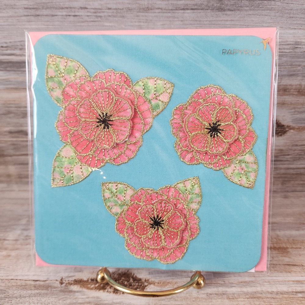 Papyrus Embroidered Pink Floral Card Gold Thread 3D Patches Blank Inside